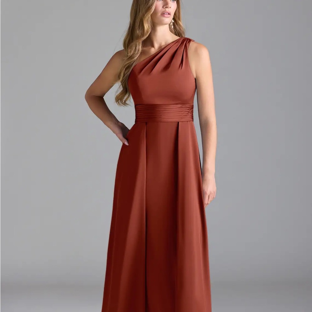 Red Maxi Gown with Asymmetrical Neckline and Ruched Detail for Wedding.